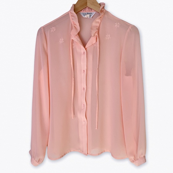 Vintage 70’s Kay Kerr Ruffled Sheer Pink Tie Neck Long Sleeve Shirt Fits Size M - Picture 2 of 10